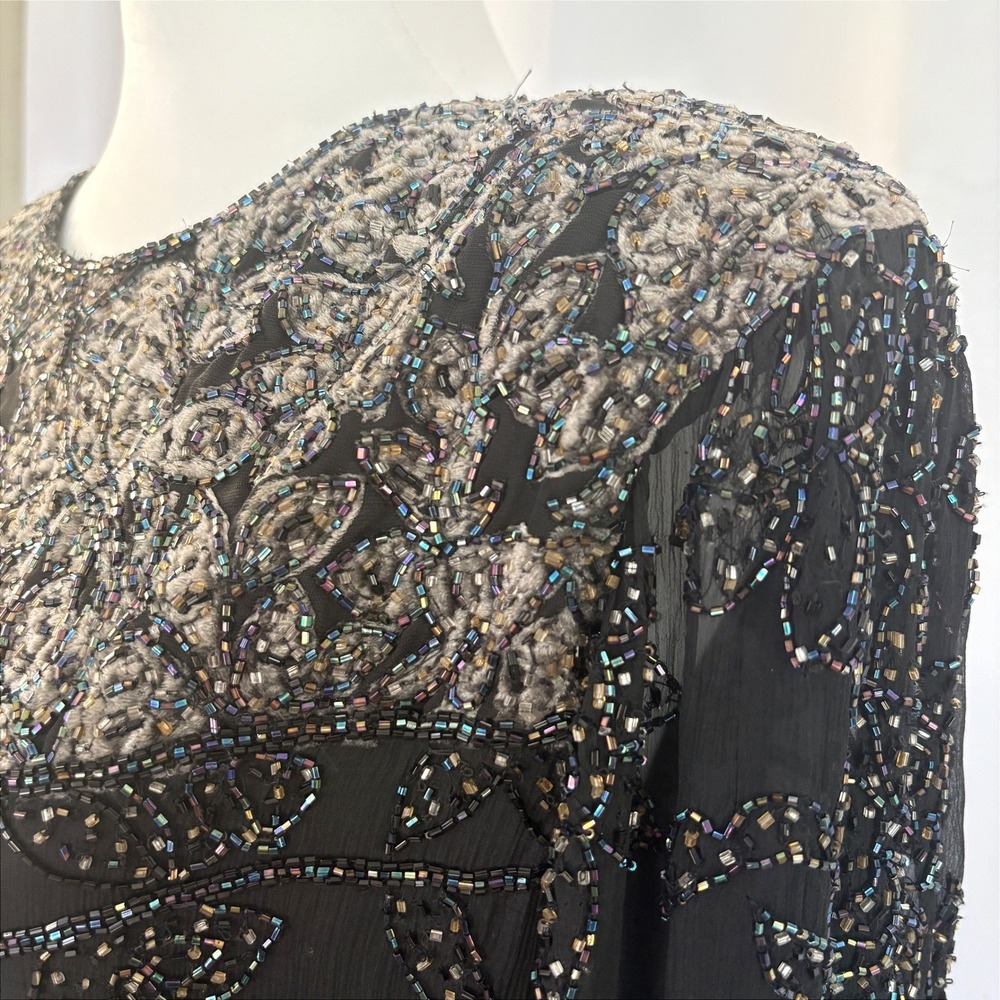 VTG Silk & Velvet Odeon Black Beaded Sequined Top Blouse NYE Holiday Party Sz 14 - Picture 3 of 9